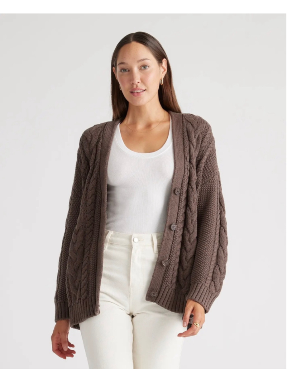 Quince 100% Organic Cotton Oversized Cable knit Cardigan Brown Size M
